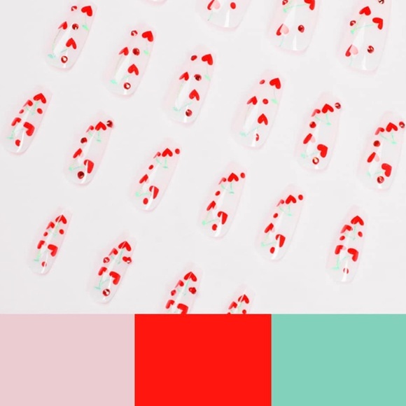 Glossy Press on Nails Long With Red Cherry Glitter Red With Nail Glue 24 PCS - Picture 3 of 5